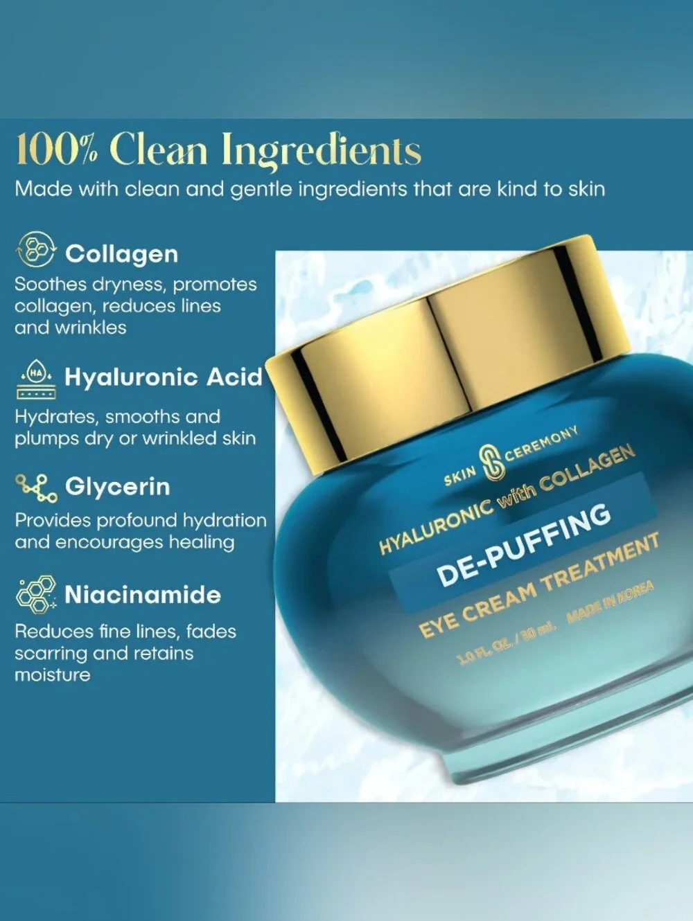 Skin Ceremony DE-PUFFING EYE CREAM W/ HYALURONIC ACID & COLLAGEN NIB